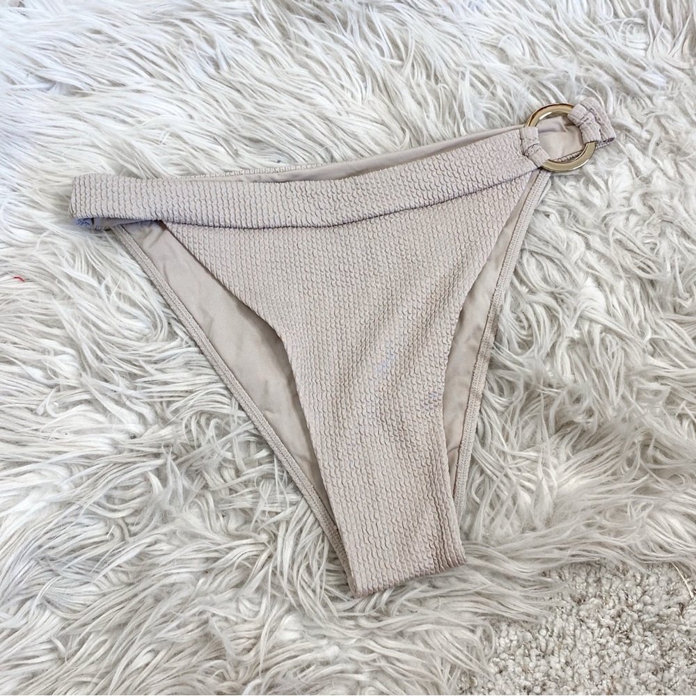 Monday Swimwear Taupe Grey Crinkle Gold Ring Bikini Bottoms
